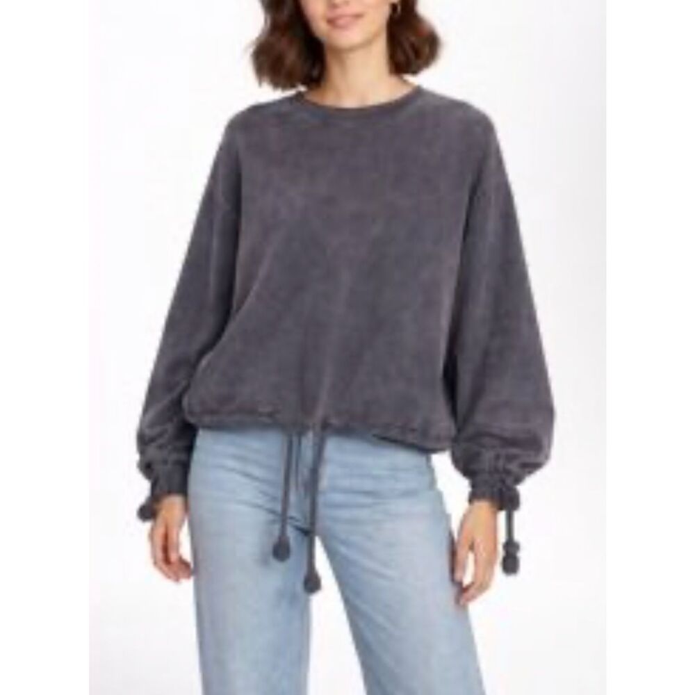 ZARA Gray Distressed Oversized Bell Sleeve Cinched Hem Sweatshirt Womens Small